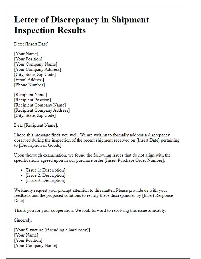 Letter template of discrepancy in shipment inspection results