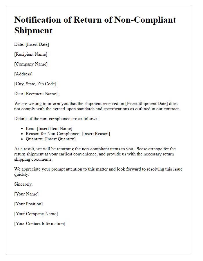 Letter template of notification for return of non-compliant shipment