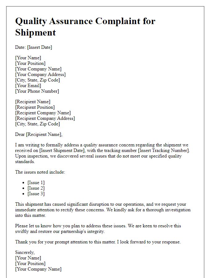 Letter template of quality assurance complaint for shipment