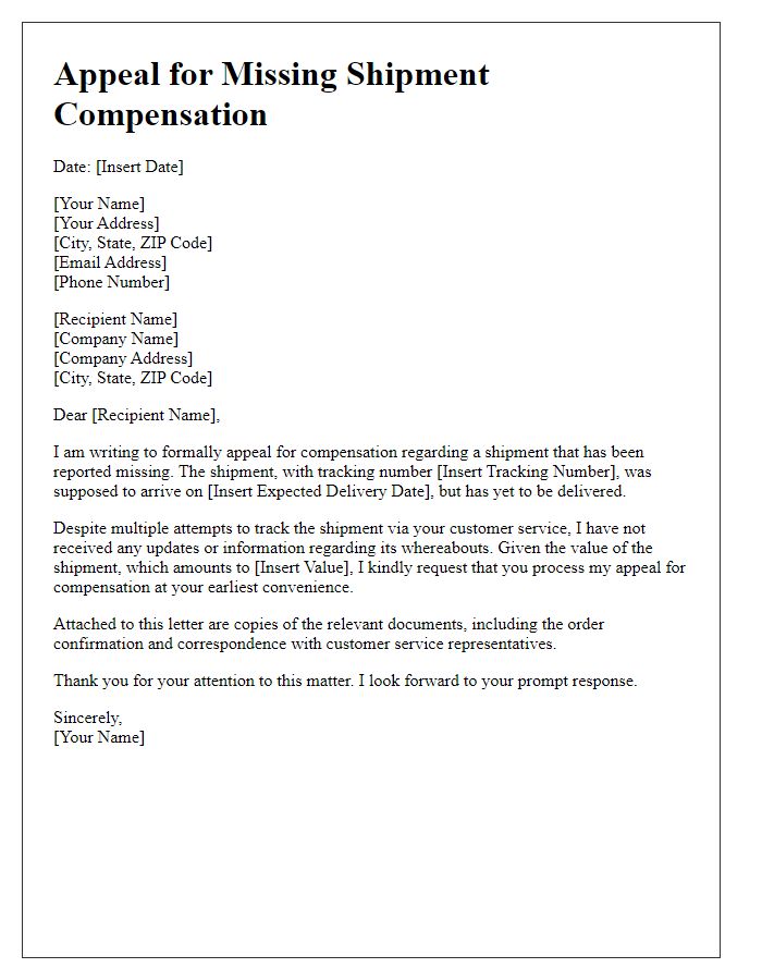 Letter template of appeal for missing shipment compensation.