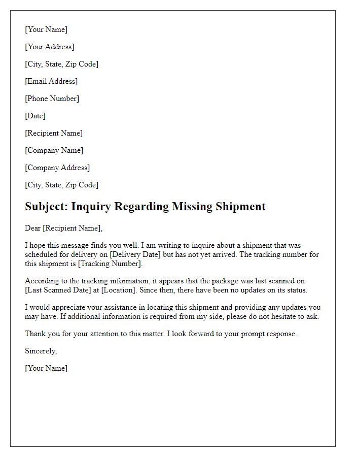 Letter template of inquiry regarding missing shipment.