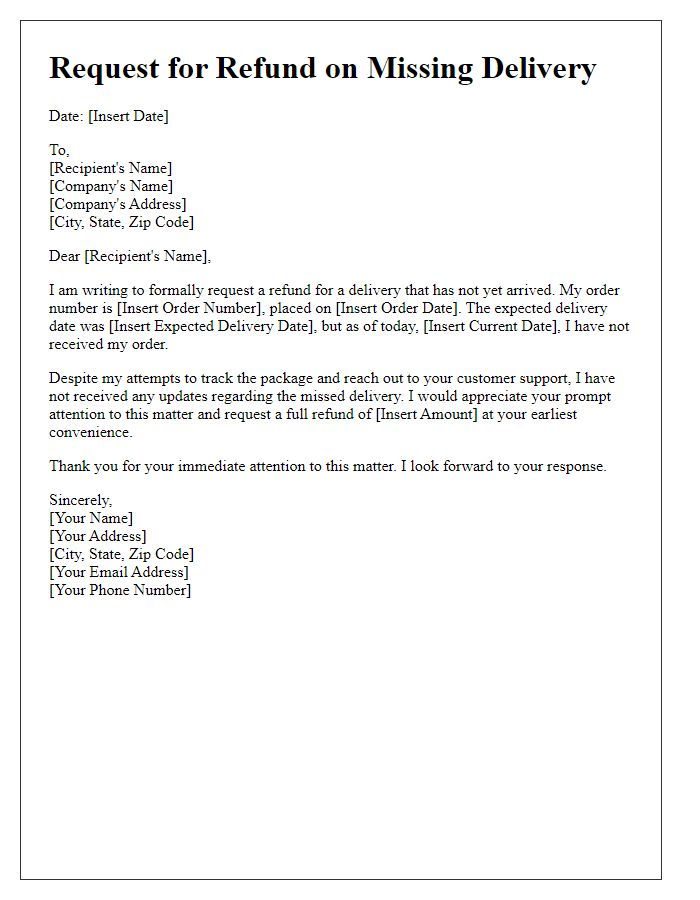 Letter template of request for refund on missing delivery.