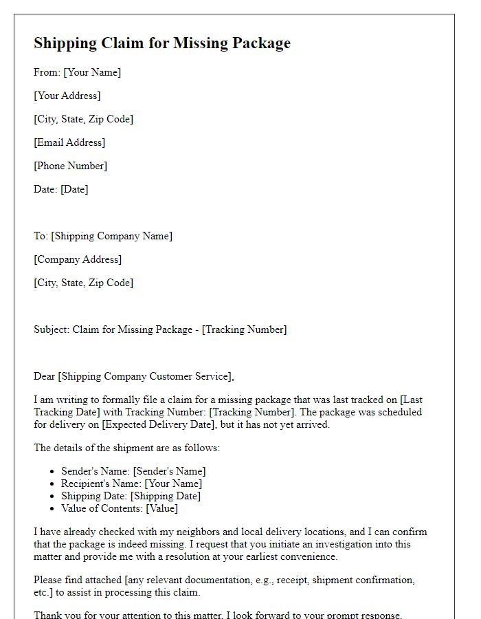 Letter template of shipping claim for a missing package.