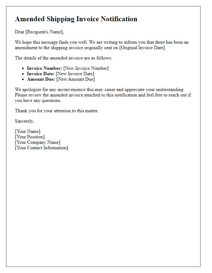 Letter template of amended shipping invoice notification