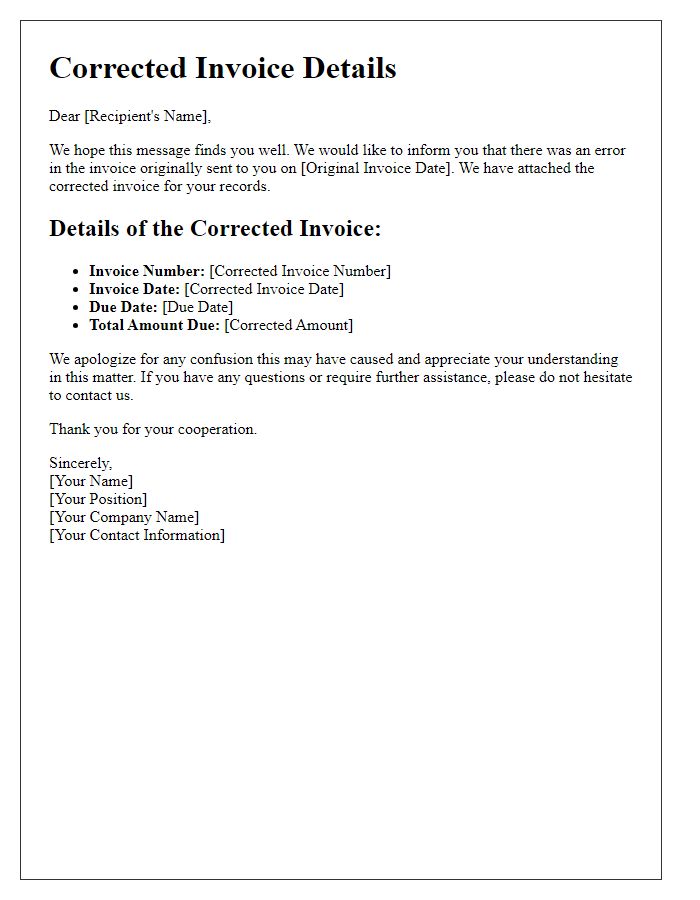 Letter template of corrected invoice details