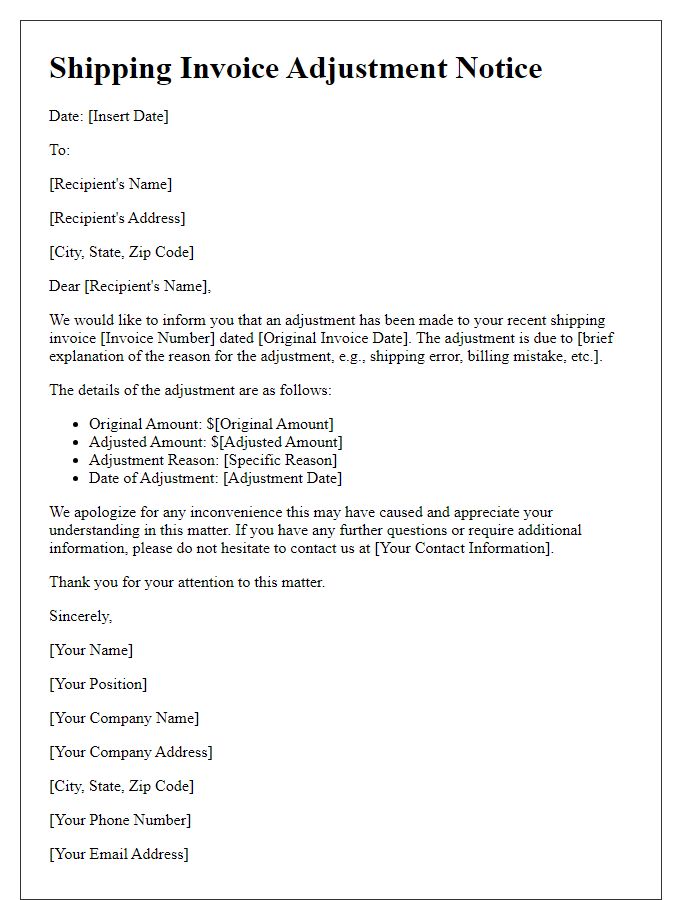 Letter template of shipping invoice adjustment notice