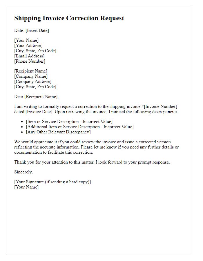 Letter template of shipping invoice correction request