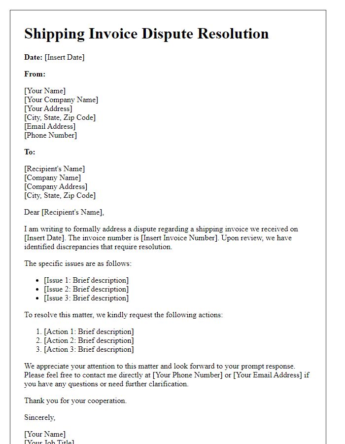 Letter template of shipping invoice dispute resolution