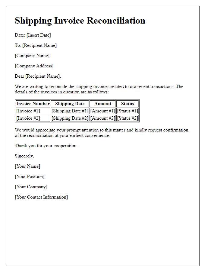 Letter template of shipping invoice reconciliation