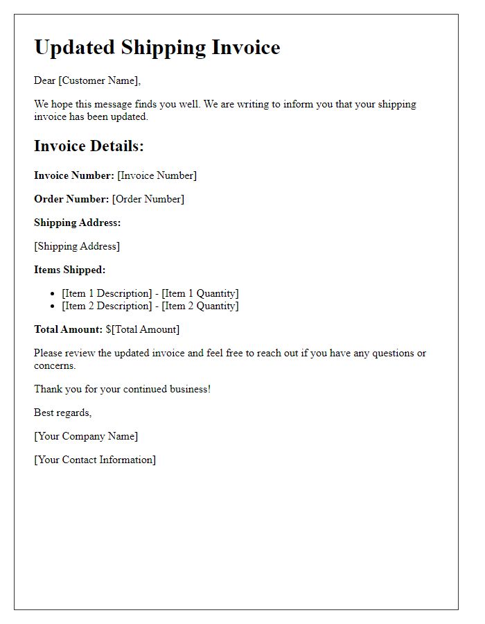 Letter template of updated shipping invoice for customer