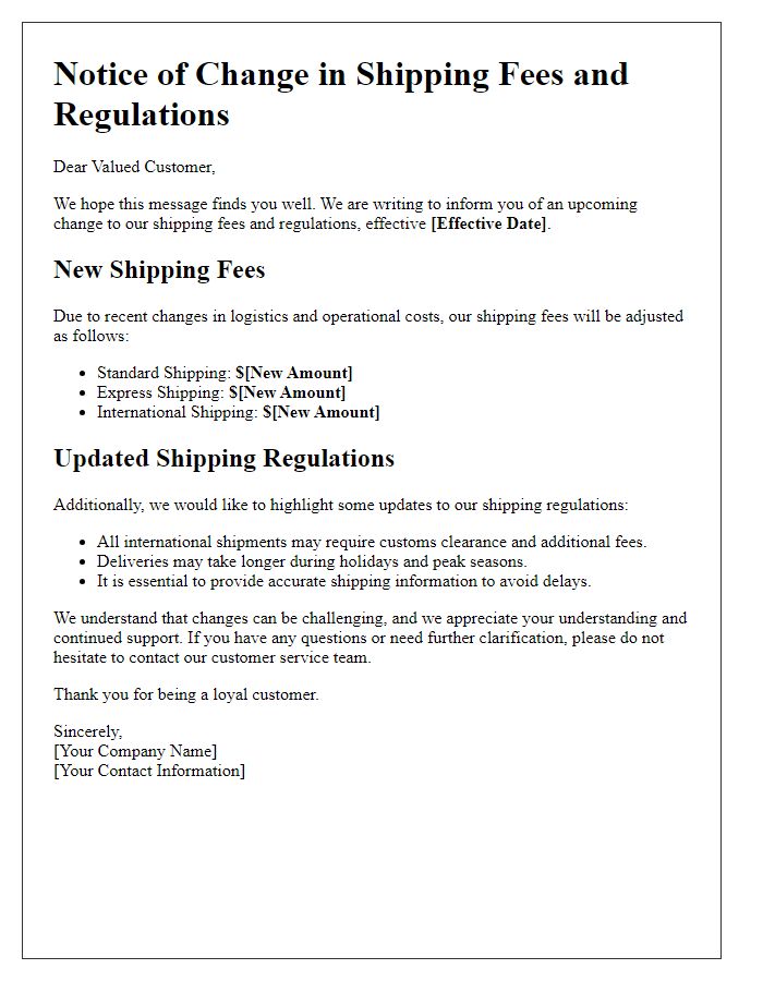 Letter template of change in shipping fees and regulations