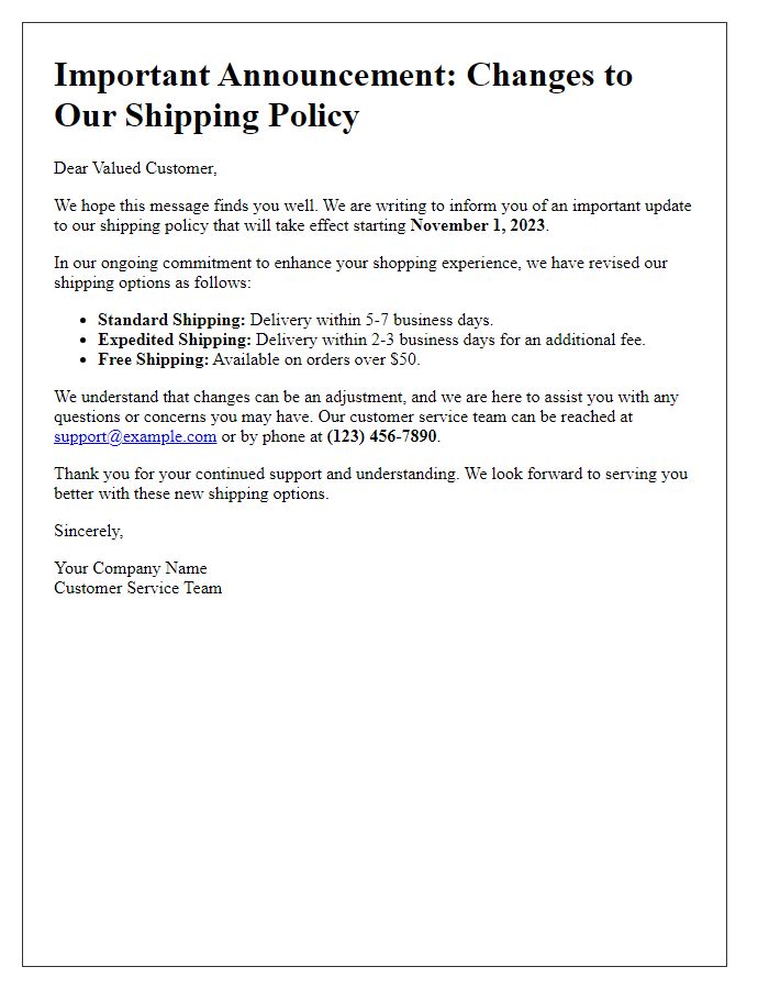 Letter template of customer announcement regarding shipping policy changes