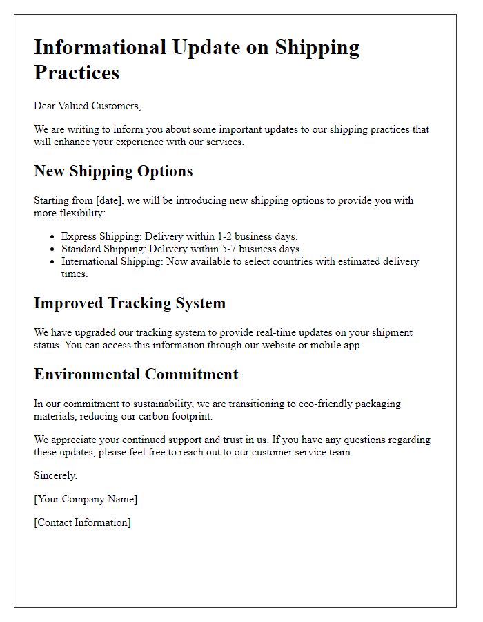 Letter template of informational update on shipping practices