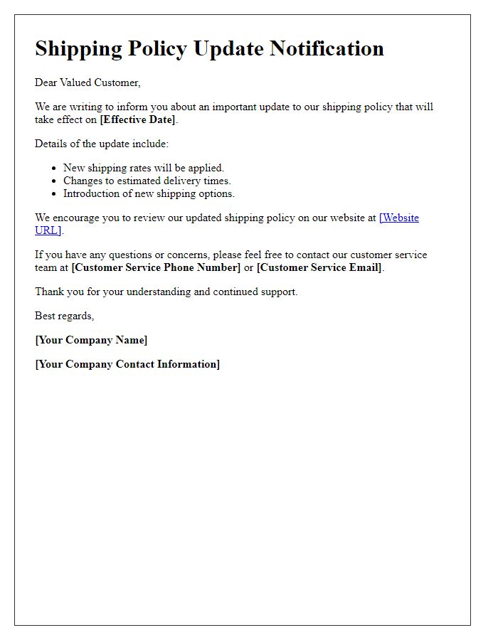Letter template of notification for shipping policy update