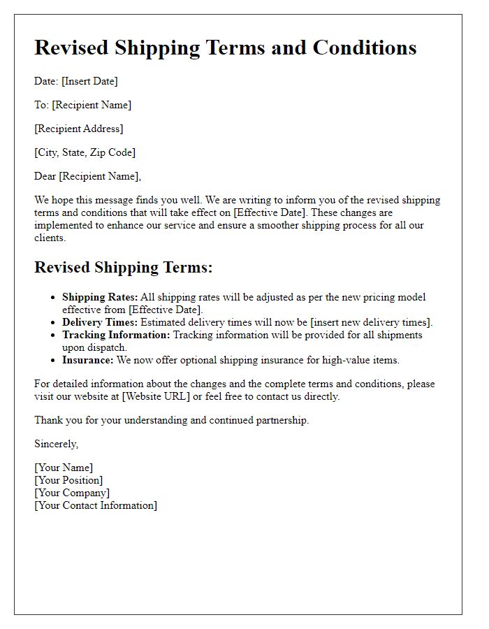 Letter template of revised shipping terms and conditions