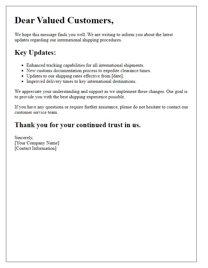 Letter template of update on international shipping procedures