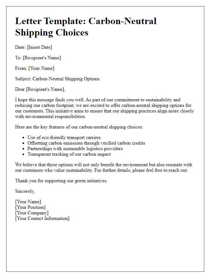 Letter template of carbon-neutral shipping choices.