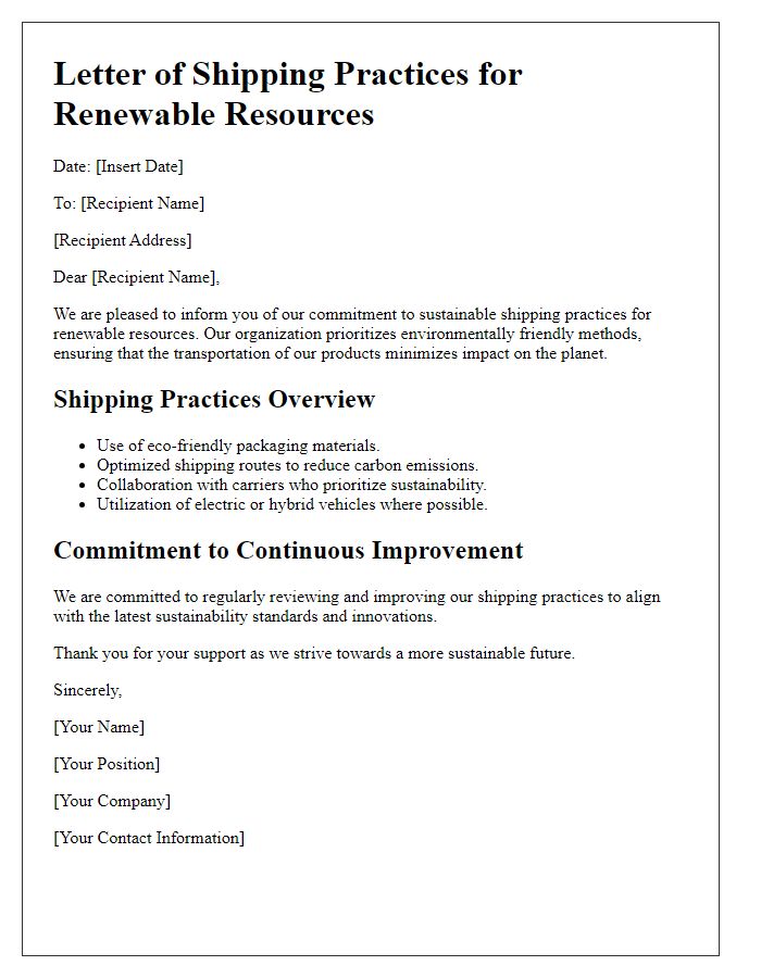 Letter template of renewable resource shipping practices.