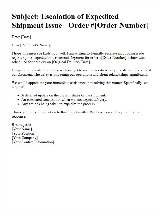 Letter template of expedited international shipment issue escalation