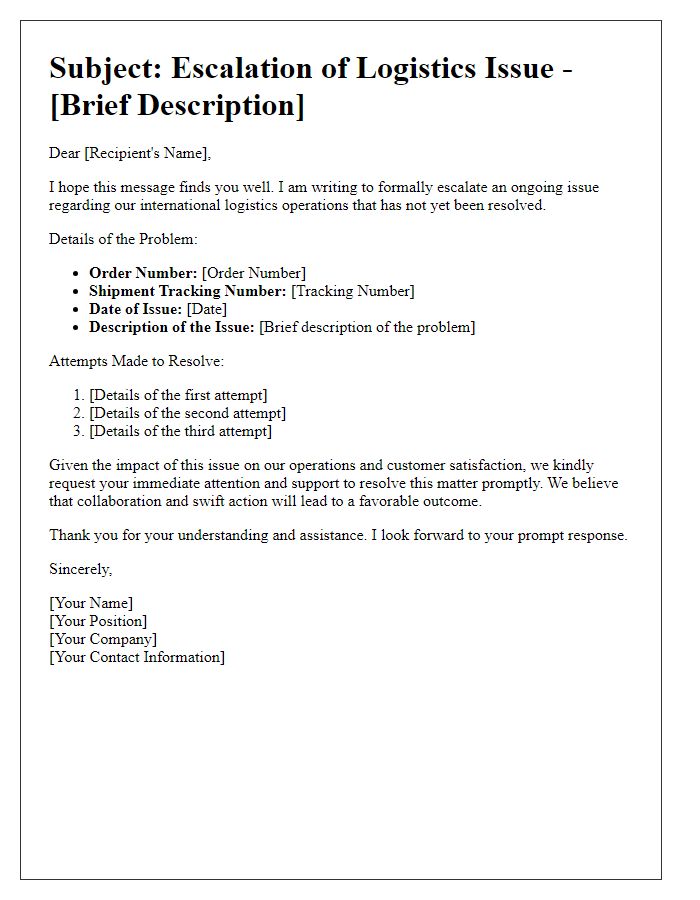 Letter template of international logistics problem escalation