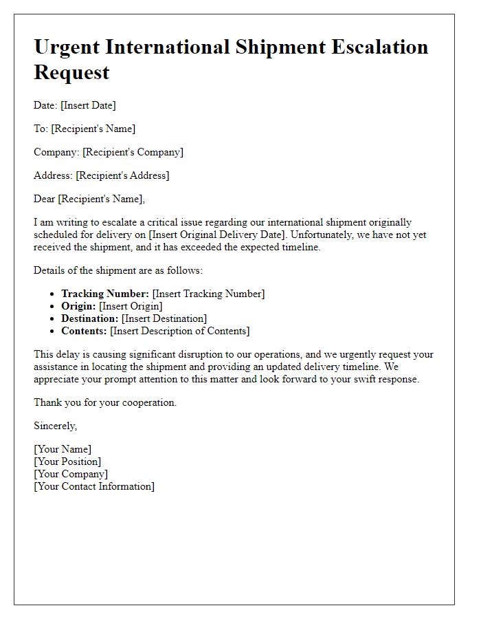 Letter template of urgent international shipment escalation request