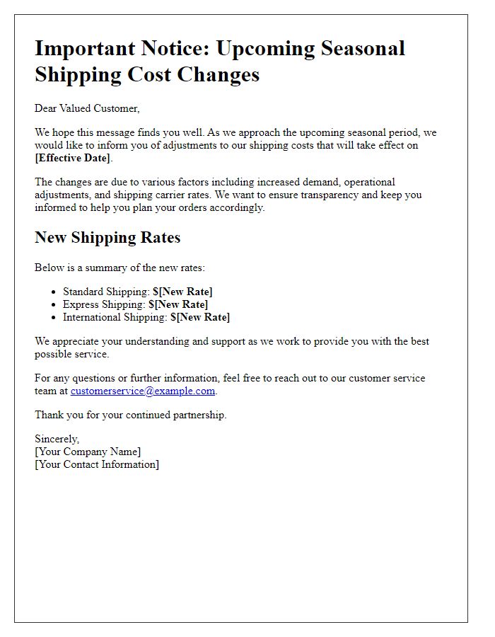 Letter template of alert for upcoming seasonal shipping cost alterations