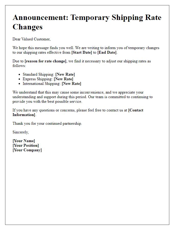 Letter template of announcement regarding temporary shipping rate changes