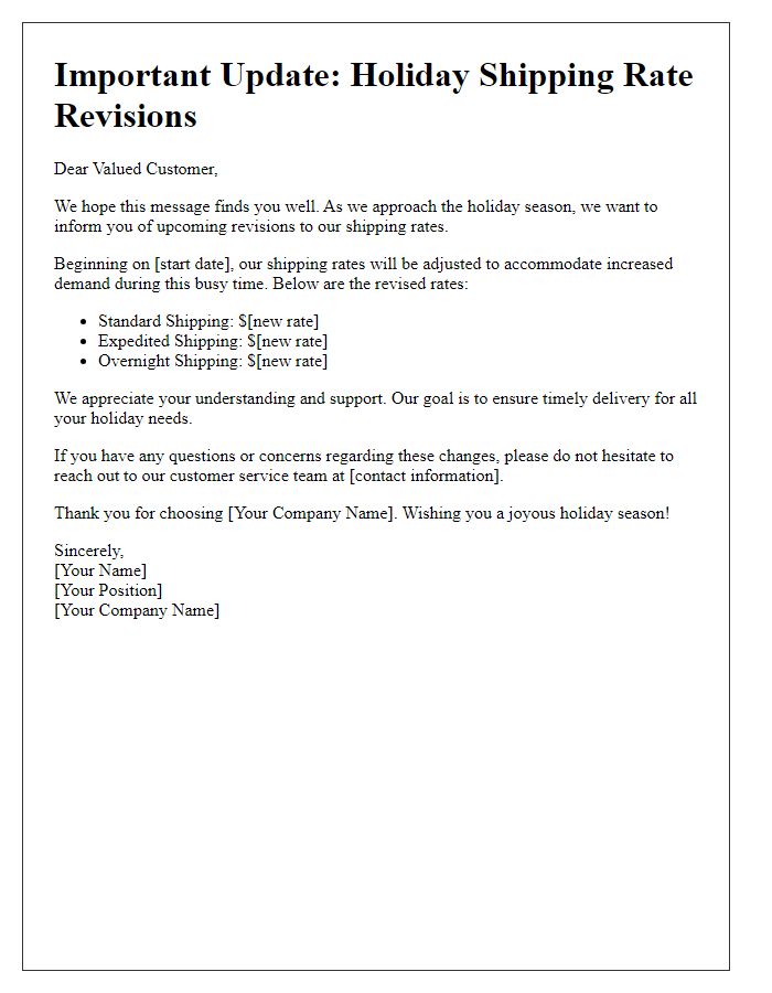 Letter template of communication for holiday shipping rate revisions