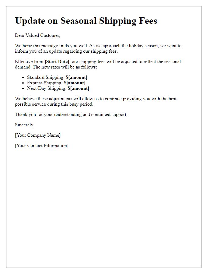 Letter template of update on seasonal shipping fees