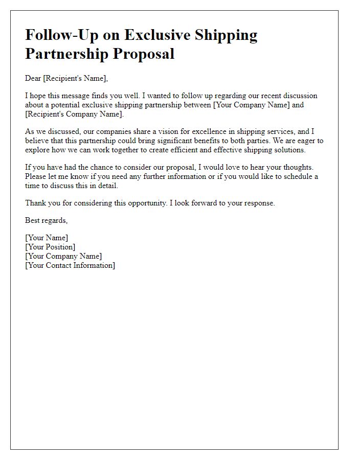 Letter template of follow-up for exclusive shipping partnerships.