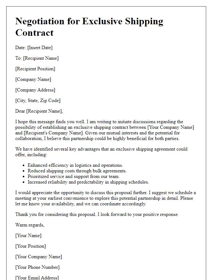 Letter template of negotiation for exclusive shipping contracts.