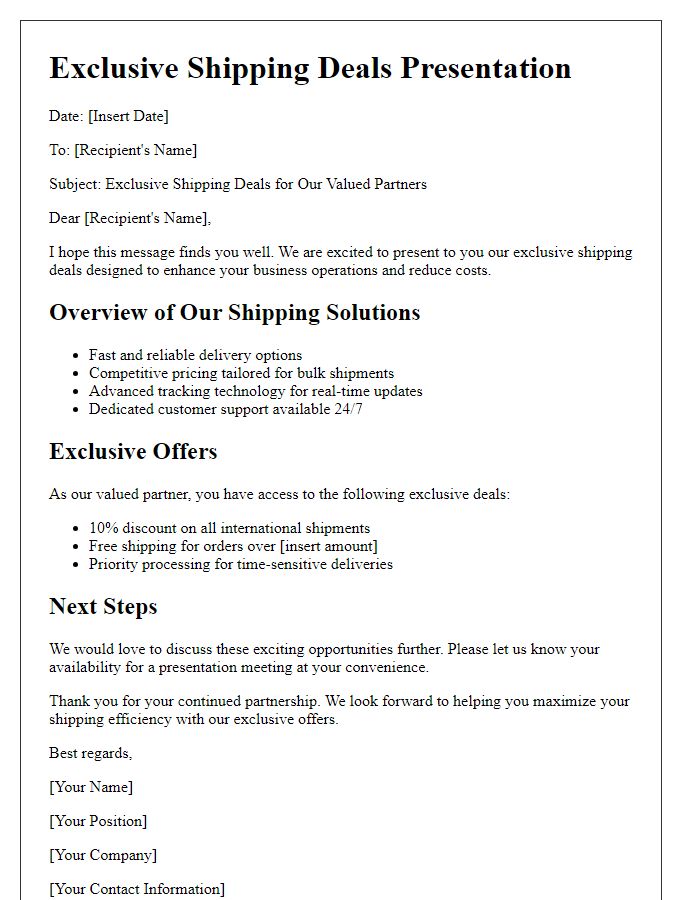 Letter template of presentation for exclusive shipping deals.