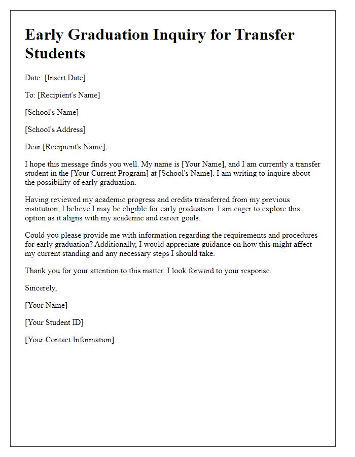 Letter template of early graduation inquiry for transfer students