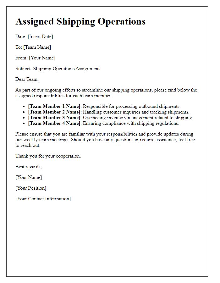 Letter template of assigned shipping operations for team