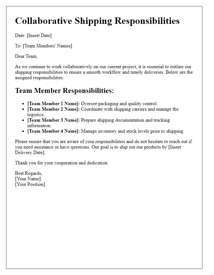 Letter template of collaborative shipping responsibilities within the team