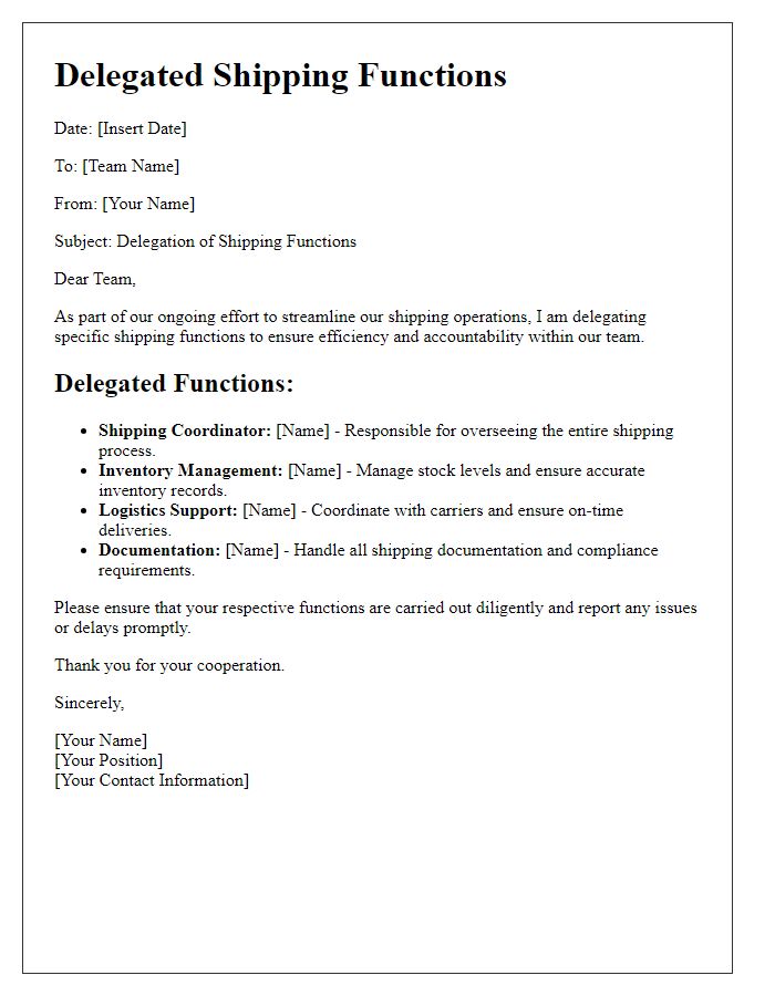 Letter template of delegated shipping functions for the team