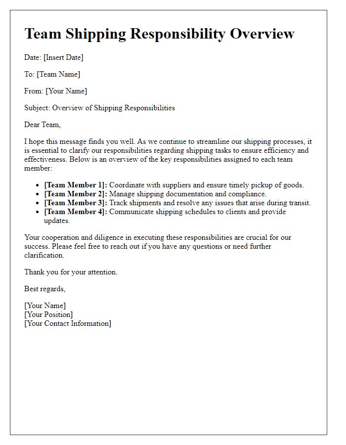 Letter template of shipping responsibility overview for the team