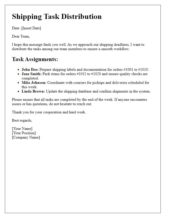 Letter template of shipping task distribution to the team