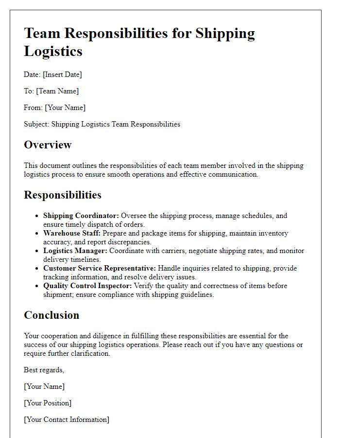 Letter template of team responsibilities for shipping logistics