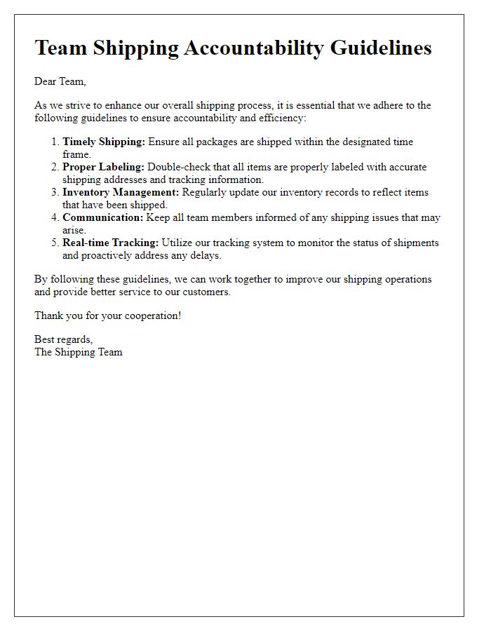 Letter template of team shipping accountability guidelines