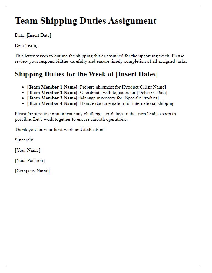 Letter template of team shipping duties assignment