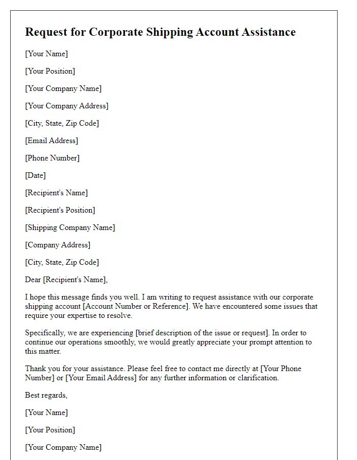 Letter template of corporate shipping account assistance request