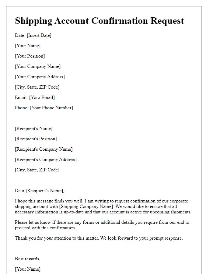 Letter template of corporate shipping account confirmation request