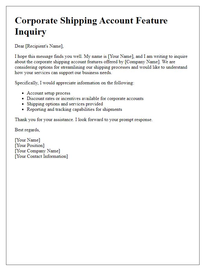 Letter template of corporate shipping account feature inquiry