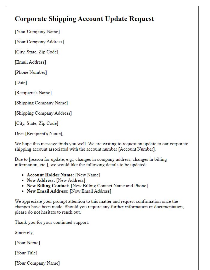 Letter template of corporate shipping account update request