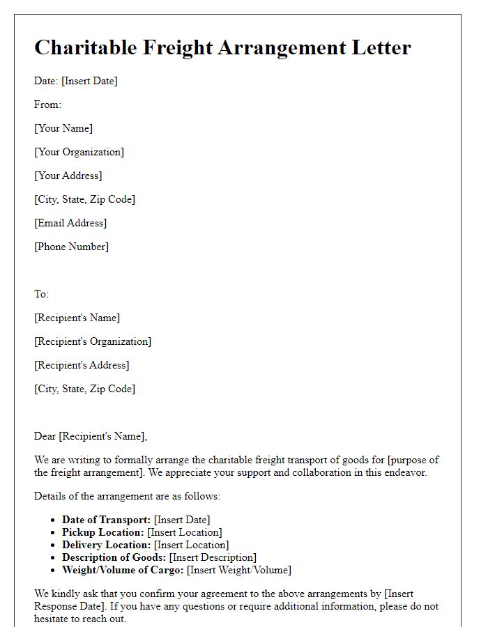 Letter template of charitable freight arrangements