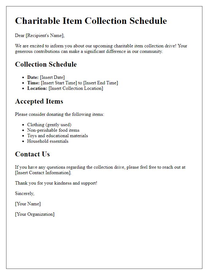 Letter template of charitable item collection schedule