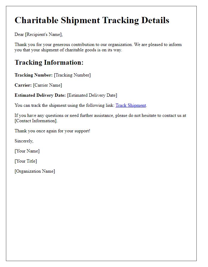 Letter template of charitable shipment tracking details