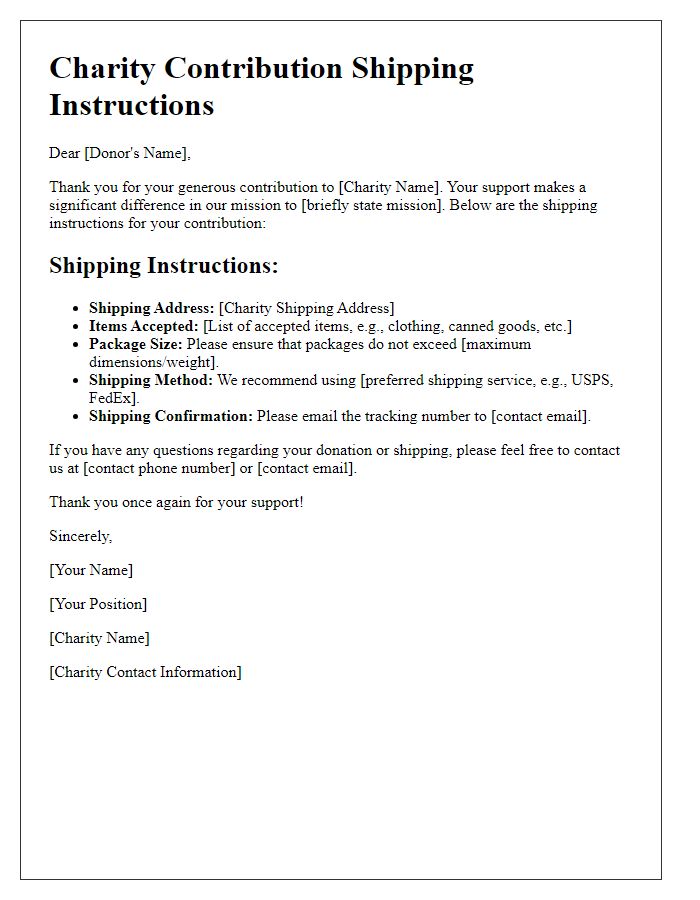 Letter template of charity contribution shipping instructions