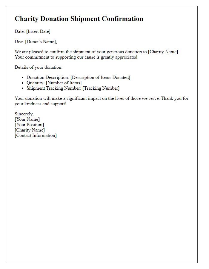 Letter template of charity donation shipment confirmation